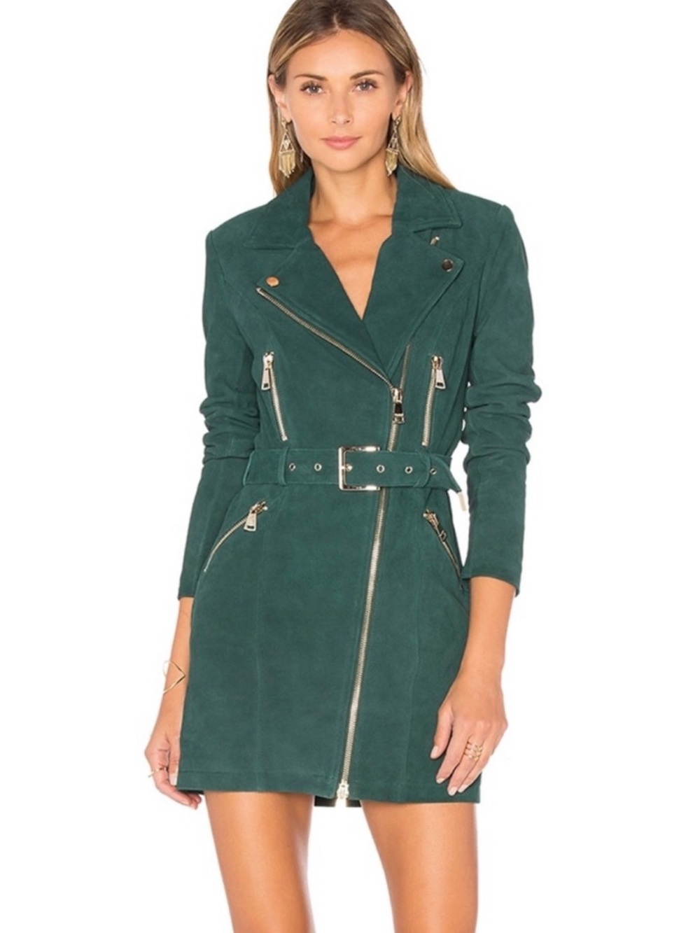 X by NBD Nicole dress 10 Classic Petrol Green Suede Moto Belted Coat dress